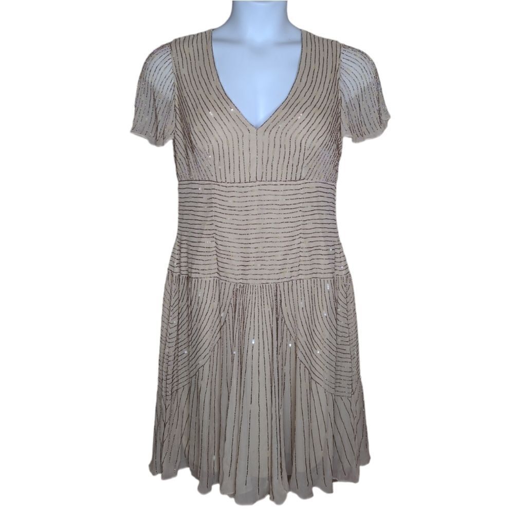 VINTAGE 90s silk cream beaded sequin drop‎ waist retro flapper style dress M